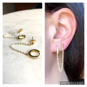 Cubic Zirconia Huggies Double Pierce Drop Chain Earrings